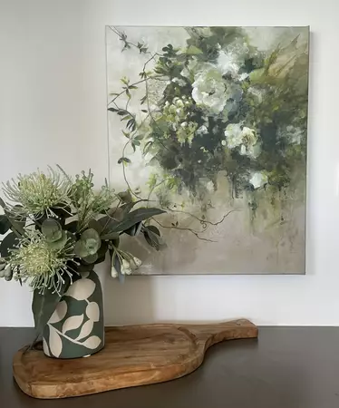 A semi abstract work depicting many &amp; varied foliage forms and shades of green