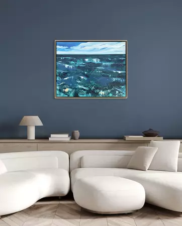 At the top 1/3 of the canvas the blue sky has white clouds lightly highlighted ochre yellow in front of white streaking clou…