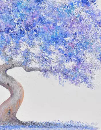 Textured oil painting of a graceful old purple flowering Jacaranda Tree standing against a painted white backgro… — edge view