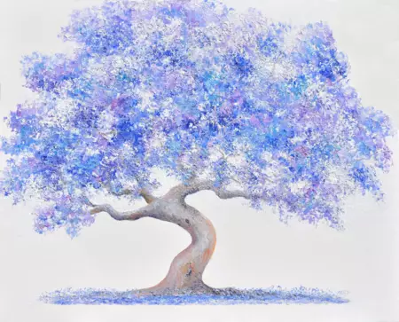 Textured oil painting of a graceful old purple flowering Jacaranda Tree standing against a painted white background. There a…