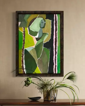 abstract of female woman figure shape amongst trees and foliage and framed in an ornate frame with vint… — artist's signature