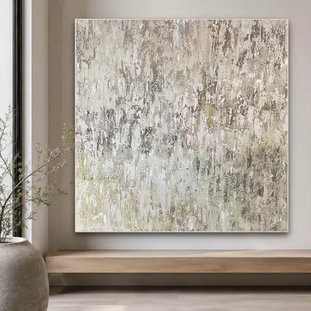 A textured abstract painting in warm, earthy tones of ochre, blush, beige, clay and brown. The surface has visible palette-k…