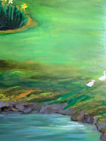 A vertical contemporary landscape painting rendered in rich acrylics on a rectangular canvas. The right side of the… — detail