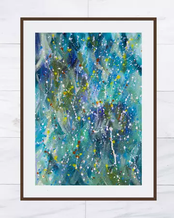 Multiple rain droplets falling with multiple hues of blue