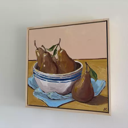 Pears in a bowl on a cloth — artist's signature