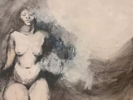 Occlusion is a figurative study of the nude female form, combining water-soluble graphite, charcoal, blue watercolour and wh…