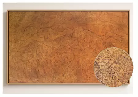 Large-scale abstract painting on unstretched canvas featuring intricate flowing linework in warm earthy tones. Inspired by n…