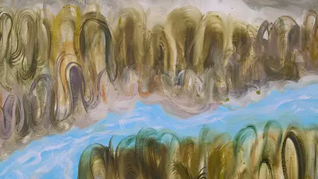an abstract of mountains and the outback with a river — shown hanging