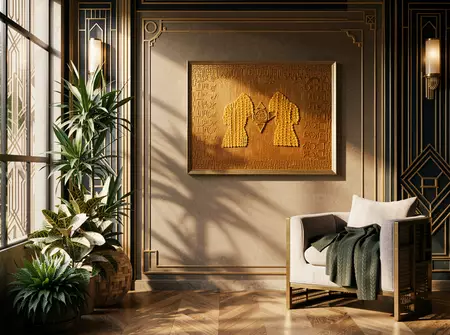 Gold and Bronze, this work is reminiscent of ancient text and Chinese characters, with small detail such as figures walking,…