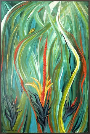 A green Australian treefrog sits looking over a lush tropical forest scene. A brilliant red flower spike features in the cen…