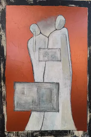 two human figures entwined with large messy squares between them on a flat metallic background.