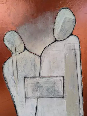 two human figures entwined with large messy squares between them on a flat metallic background. — detail