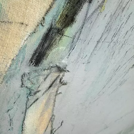 The painting is driven by the sheer weight of a wet season storm—the dense mist of moisture that swallows th… — shown hanging