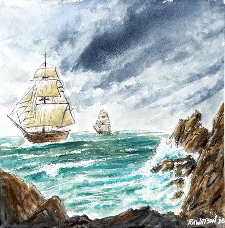 This watercolor painting depicts two traditional tall ships navigating rough, turquoise seas framed by rocky cliffs under a …