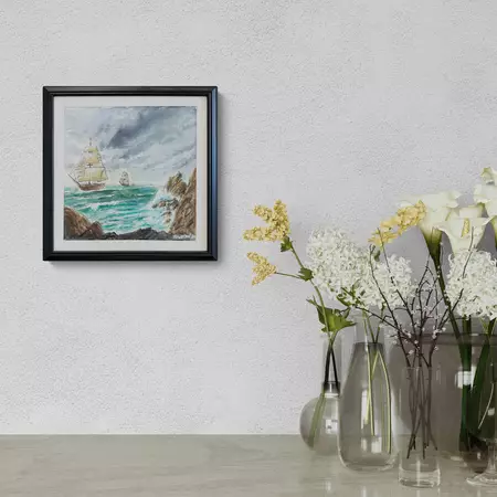 This watercolor painting depicts two traditional tall ships navigating rough, turquoise seas framed by rocky cliffs under a …