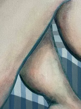 A framed painting of nude legs crossed, one over the other, with soft skin tones. Blue-grey and white horizontal st… — detail