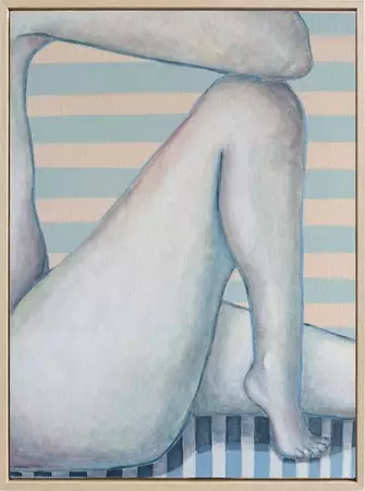 A framed painting of nude legs crossed, one over the other, with soft skin tones. Blue-grey and white horizontal stripes fil…