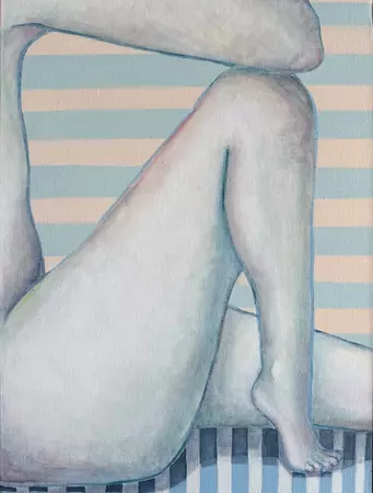 A framed painting of nude legs crossed, one over the other, with soft skin tones. Blue-grey and white horizontal stripes fil…