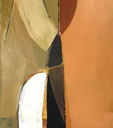 Abstract of figure shapes with sun in midcentury modern style, with black, orange, ochre. white and beige. — shown hanging
