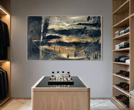 abstract of black, orange, beige moody textured landscape midcentury style landscape — artist's signature