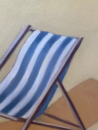 a blue and white striped deck chair in a yellow background — detail
