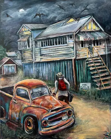 Nocturnal landscape depicting old Qld house, with a rusty ute ib foreground and a person walking with his bags