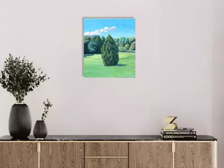 Trees in a landscape. Garden setting. Sunlight and clouds. — shown hanging