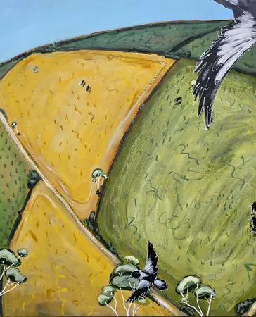 a distorted aerial perspective of fields in a rural town with cows, trees and magpies — shown hanging