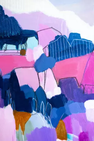 Large square painting on canvas, showing hillsides with colourful abstract brushmarks and lines, with a view of dis… — detail