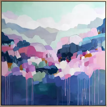 Large square painting on canvas, showing hillsides with colourful abstract brushmarks and lines, with a view of distant moun…