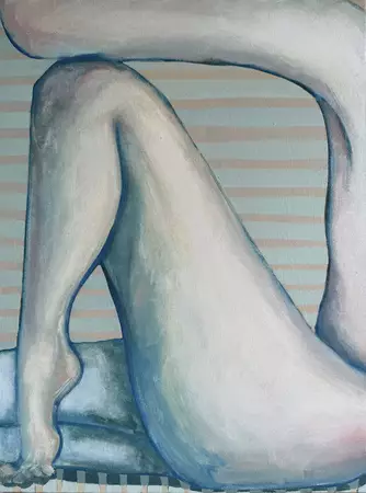 A framed painting of a nude figure curled on its side, legs bent and drawn up. Soft blue-grey skin against a background of p…