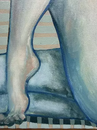 A framed painting of a nude figure curled on its side, legs bent and drawn up. Soft blue-grey skin against a backgr… — detail
