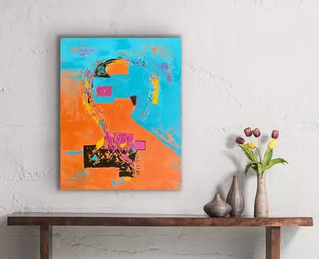 An expressive abstract acrylic painting featuring a vibrant contrast between bright cerulean blue and warm b… — shown hanging