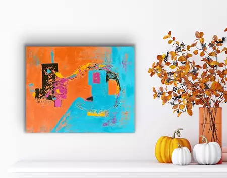 An expressive abstract acrylic painting featuring a vibrant contrast between bright cerulean blue and warm burnt orange back…