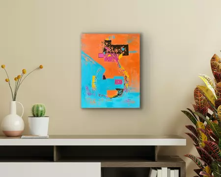 An expressive abstract acrylic painting featuring a vibrant contrast between bright cerulean blue and w… — artist's signature