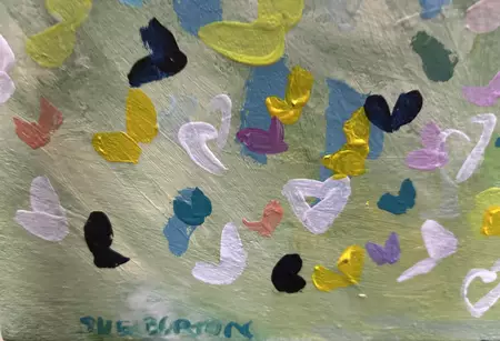 As the background fades from deep greens and blues, delicate pastel floating leaves flutter across the … — artist's signature