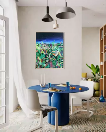 A garden with Australian natives displayed in simple shapes. Leading up to mountains with a Queenslander cot… — shown hanging