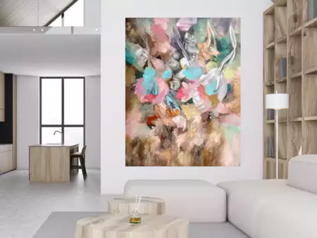Landscape , flowers — shown in a room setting