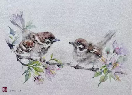 Spring Sparrows by Wenna C, Watercolour, Expressionism