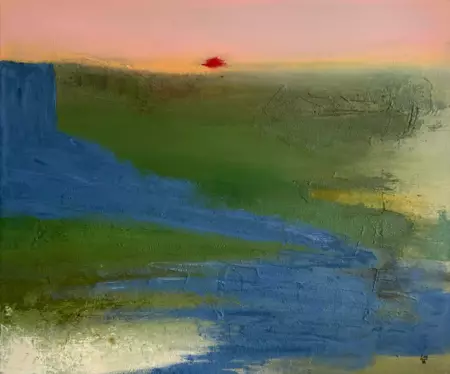 A dusty blue band curves diagonally through textured green areas beneath a peach-pink sky, with a small red sun near the hor…