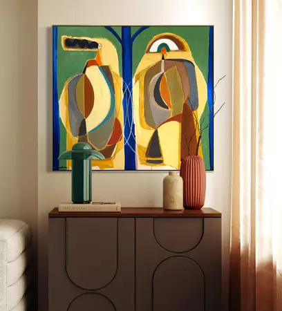 Abstract of figure shapes standing in a garden with blue structure in midcentury style. — detail
