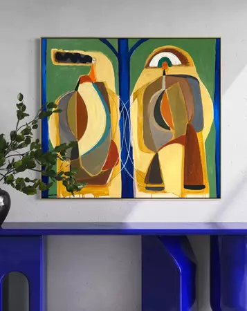 Abstract of figure shapes standing in a garden with blue structure in midcentury style.