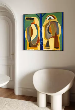 Abstract of figure shapes standing in a garden with blue structure in midcentury style. — artist's signature