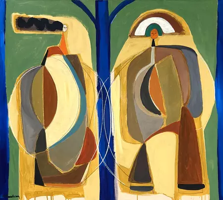 Abstract of figure shapes standing in a garden with blue structure in midcentury style.