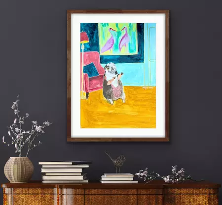 Original watercolor and gouache painting of a small bulldog sitting upright with his paws raised in an eccentric seventies i…