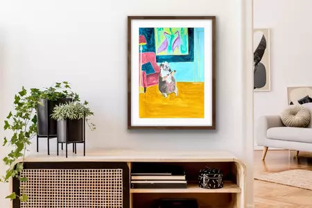 Original watercolor and gouache painting of a small bulldog sitting upright with his paws raised in an … — artist's signature