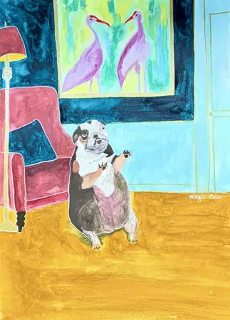 Original watercolor and gouache painting of a small bulldog sitting upright with his paws raised in an eccentric seventies i…
