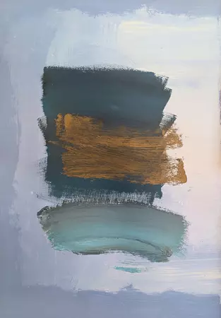 Brushstrokes of bronze and turquoise on a blue ground