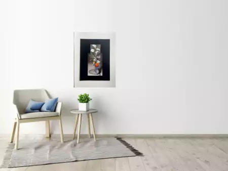 Beautiful collage of ikebana image and nude . The addition of mechanical bike part and pattern mak… — shown in a room setting