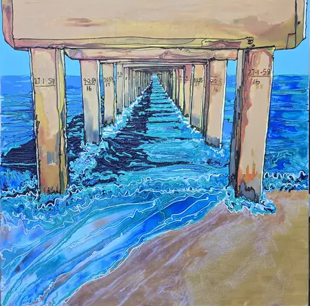 Part of a series of 13 paintings inspired by the iconic piers of Victoria’s Mornington Peninsula. This vibrant work captures…